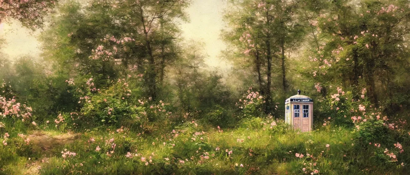 Prompt: A beautiful painting of TARDIS in the forest with little pale pink flowers and green trees, soft sun light by Herbert Arnould Olivier, Trending on artstation