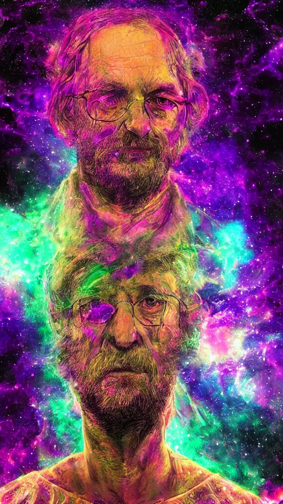 Prompt: terrance mckenna protrait in a nebula with fractals and mushrooms, vivid psychadelic colorful purple, 8 k, high deatil, artstationhd, smoke mirrors