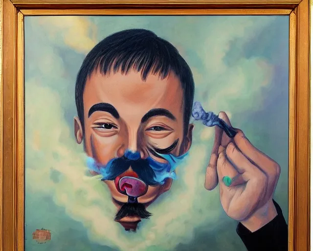 Image similar to a surreal painting of a young man with a fu manchu mustache smoking a joint