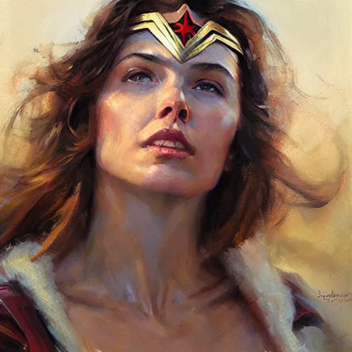 Image similar to portrait of Wonder Woman in the morning sun, Danile Gerhartz, oil painting