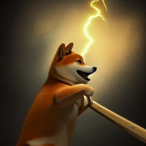 Prompt: shiba inu holding a baseball bat with his two hand trying to hit a spot, cinematic lightning, 4 k, ultra detailed, trending on artstation, masterpiece, digital art.