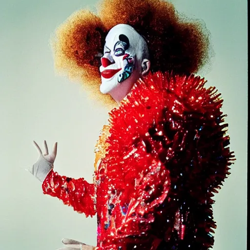 Image similar to uhd candid photo of disco stu wearing disco suit, intricate clown costume. photo by annie leibowitz