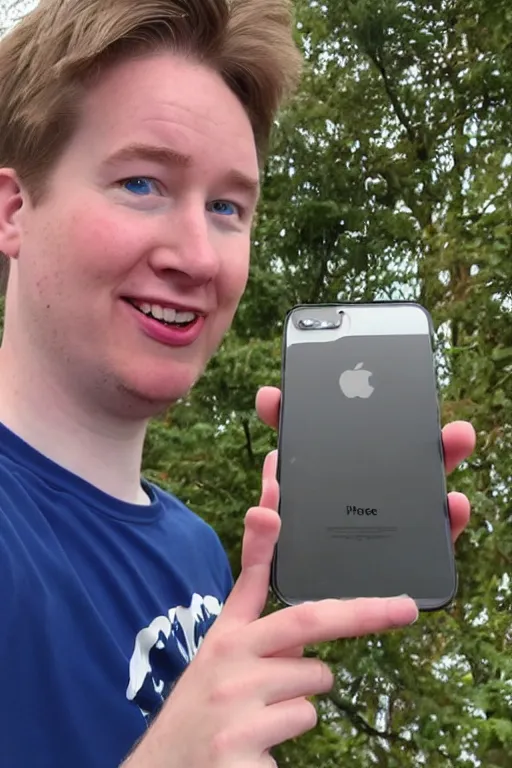 Prompt: Tom Scott (British YouTuber) takes a selfie in front of the world's largest iPhone