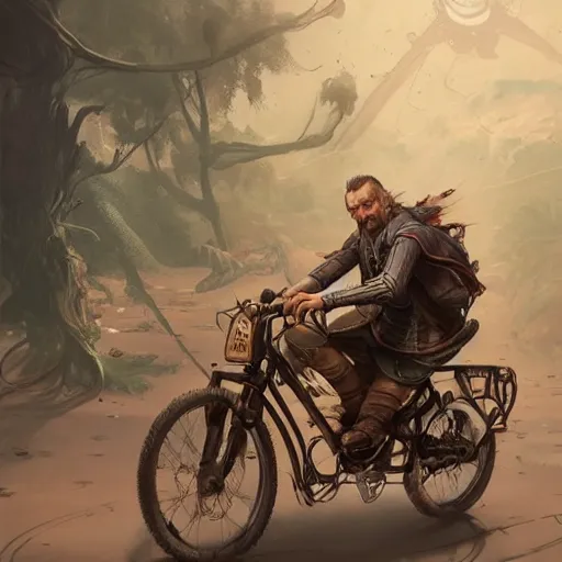 Prompt: man with receding hairline riding bike, intricate, elegant, highly detailed, digital painting, artstation, concept art, matte, illustration, hearthstone, art by artgerm and greg rutkowski and alphonse mucha, simon stalenhag, hyperreal