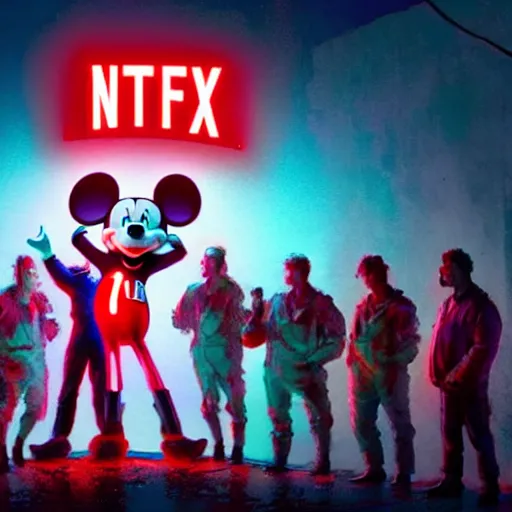 Image similar to a group of people standing around a giant bloody wounded mickey mouse with a netflix neon logo, cyberpunk art by david lachapelle, cgsociety, sots art, dystopian art, reimagined by industrial light and magic, dark concept art