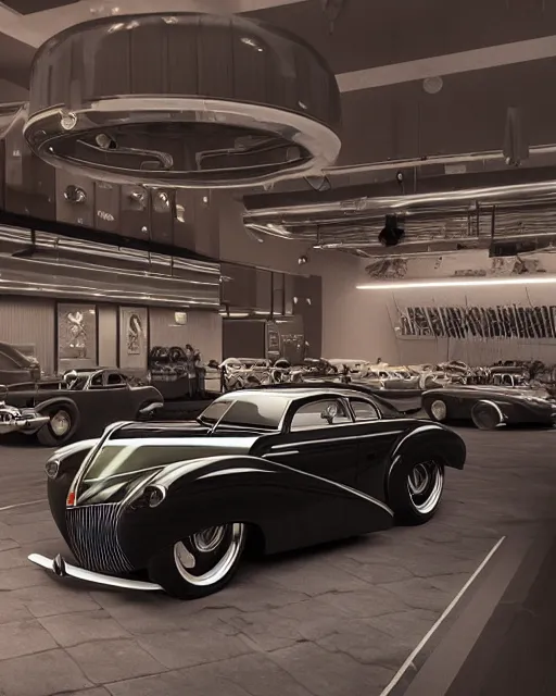 Image similar to interior of vast car show with luxury cars of 1940s, volumetric lighting, 1940s palette, hyper realism, high detail, octane render, high contrast , 8k