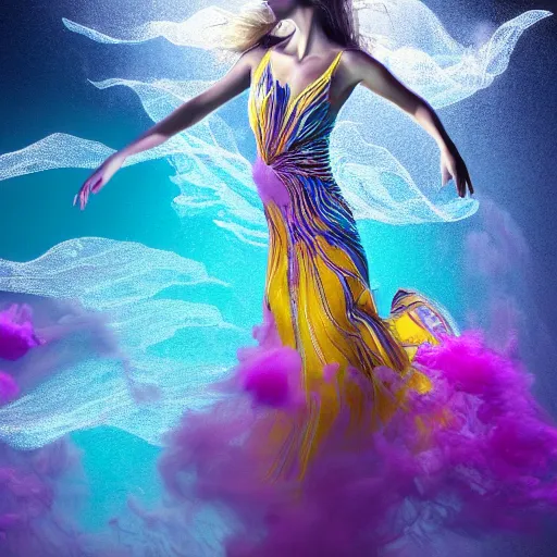 Image similar to masterpiece artwork of beautiful geni morrow woman dancing underwater wearing a flowing dress made of blue, magenta, and yellow seaweed, delicate coral sea bottom, swirling silver fish, swirling smoke shapes, octane render, caustics lighting from above, cinematic, hyperdetailed