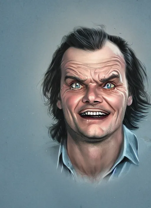 Prompt: young jack nicholson as jack torrance from the shining ( 1 9 8 0 ) portrait illustrated by rossdraws, calm depressed expression, vivid colors, soft lighting, digital artwork 4 k, best of artstation