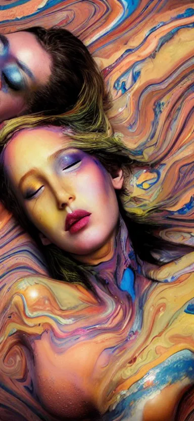 Prompt: 3 d female body silhouette sleeping in marbling liquid acrylic fluid drops, art noveauand art deco, klimt, modern, black colors, cinestill, 7 0 mm photography, photography by amy leibowitz and volfgang schneider, bodypainting, painting by morava and goldalh, artstation, epic concept art, beautiful female face matte painting