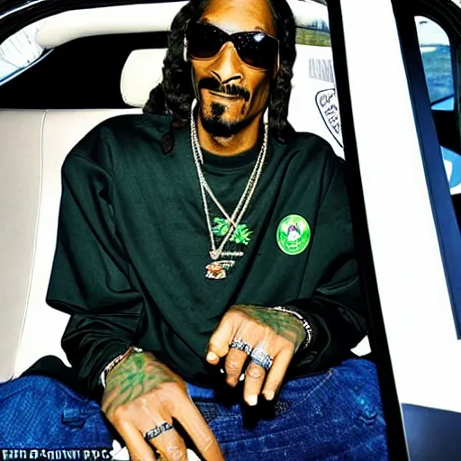 Prompt: Snoop Dogg with a smile on his face, sitting in a police car, there is marijuana everywhere in the car, and a lot of smoke