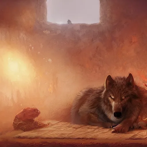 Image similar to medieum shot of a warg wolf sleeping on a mat in a corner of a adobe house, torchlit, concept art by marc simonetti and christophe vacher, trending on artstation