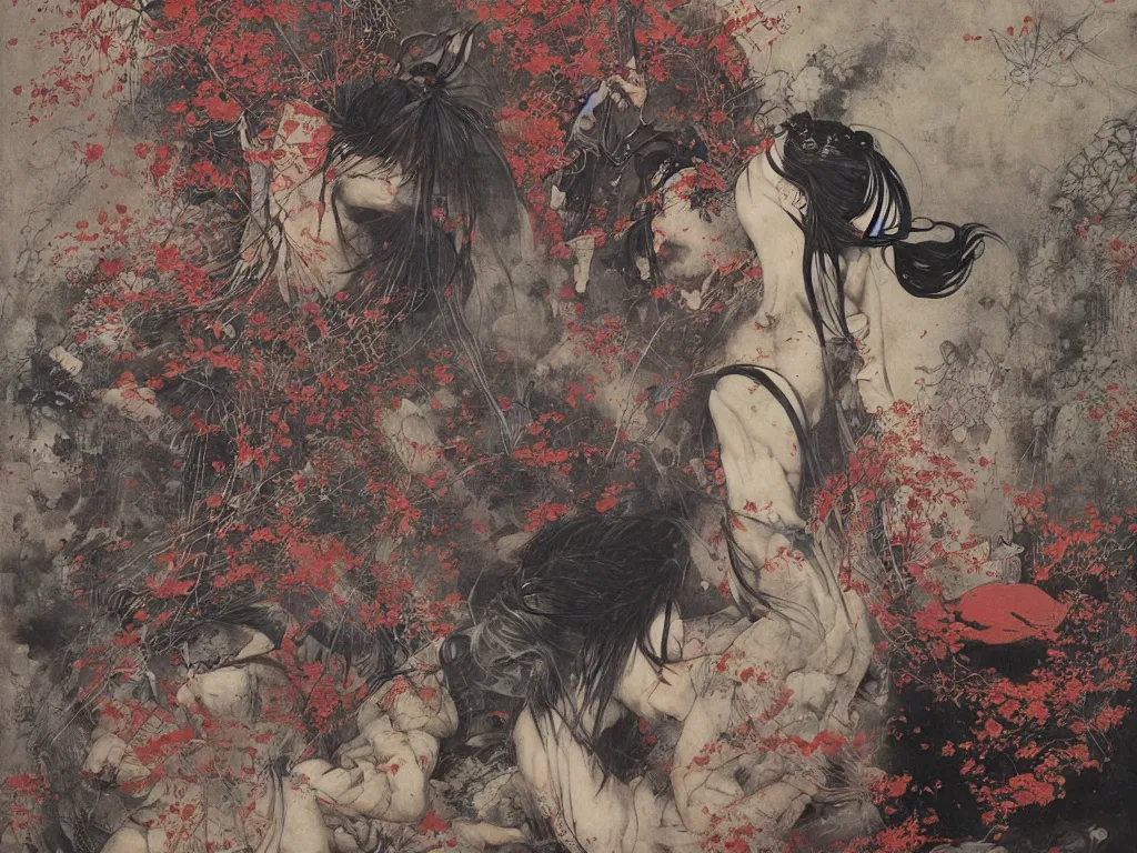 Image similar to Japanese schoolgirl runs away from Samurai with a katana on the subway, high detailed Beksinski painting, part by Adrian Ghenie and Gerhard Richter. art by Takato Yamamoto. masterpiece