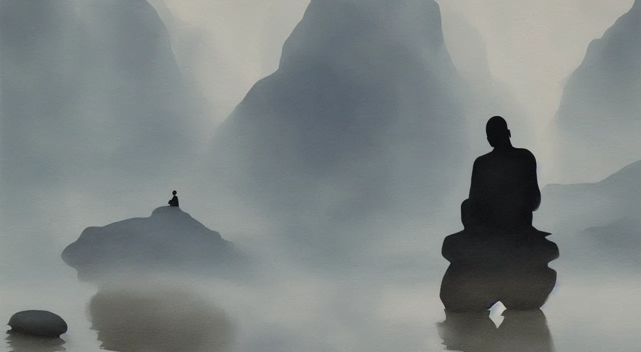 Image similar to anderson debernardi painted style a one silhouette of a meditating monk sitting in the fog on a stone protruding from the water in the rays of the morning sun