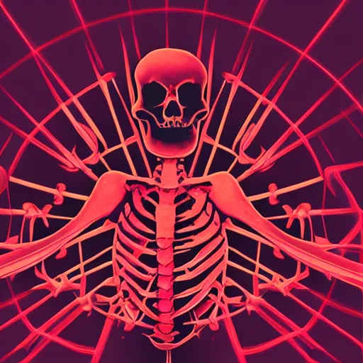 Image similar to A red skeleton infront of a vapourwave background