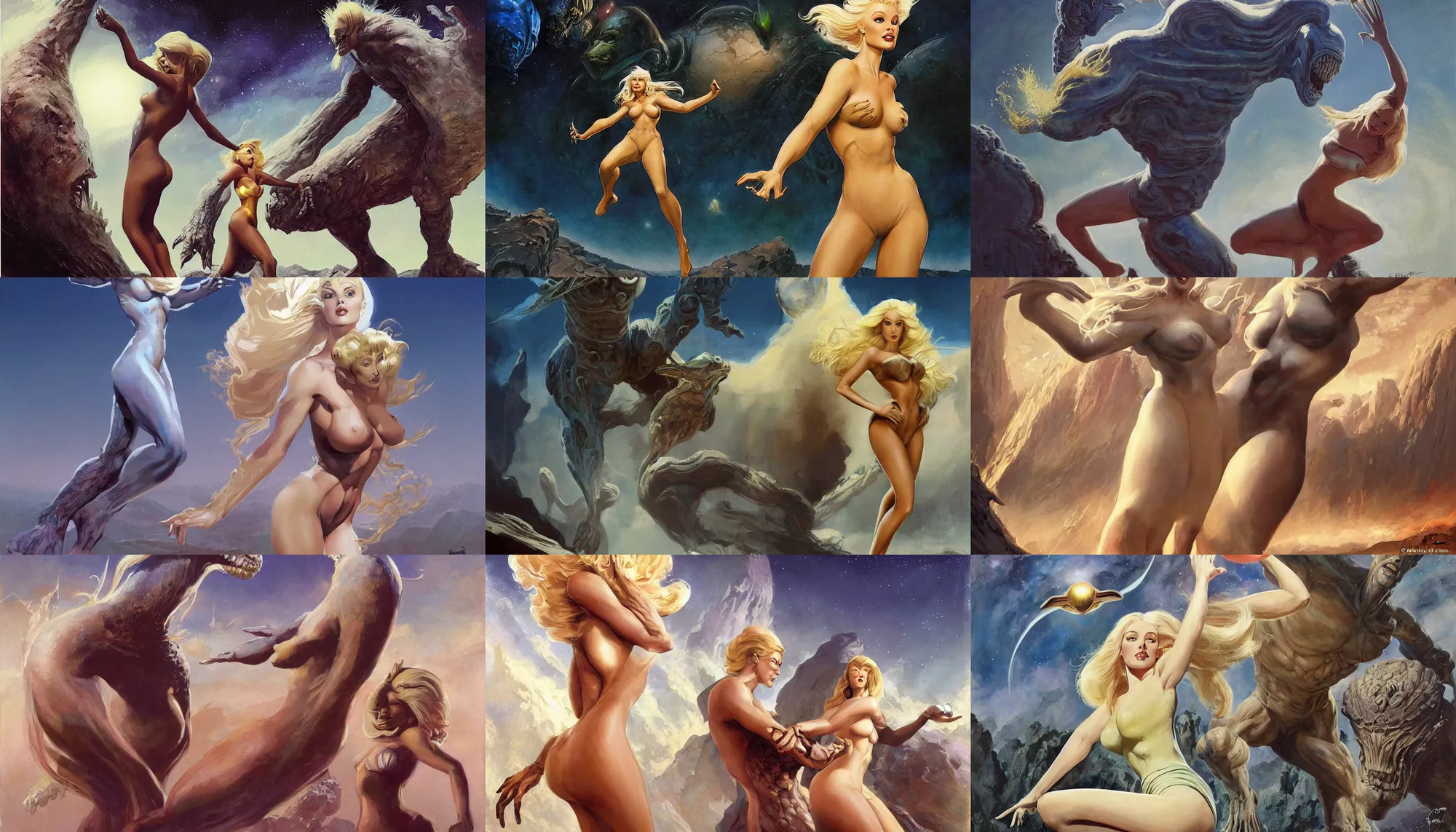 Prompt: a mixed media painting of one very beautiful blonde woman fleeing from a distant colossus creature on an alien world, elegant, aesthetic!!! symmetrical face and eyes, sixties pinup, photorealistic, curvy by frank frazetta, greg rutkowski, boris vallejo, donato giancola, christian macnevin