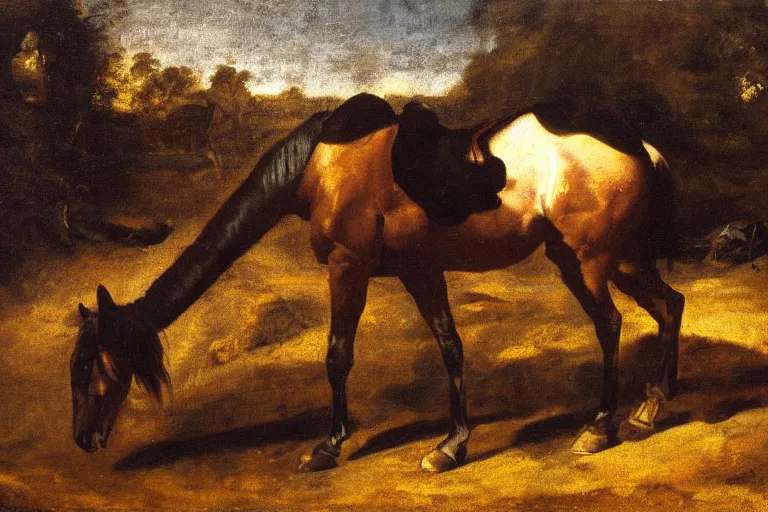 Prompt: a horse laying on the ground, swords in the bare terrain by velasquez, dark tones, oil painting 4 k