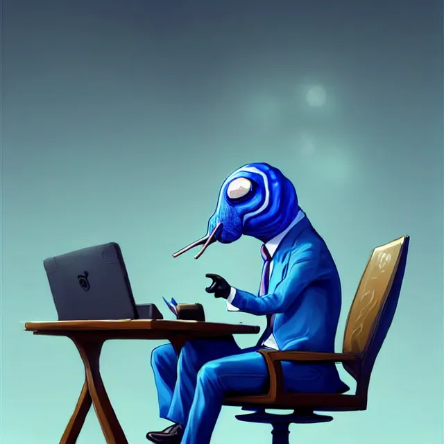 Prompt: epic professional digital art of a snail in a blue professional business suit, sitting at a desk,, best on artstation, cgsociety, wlop, Behance, pixiv, astonishing, impressive, outstanding, epic, cinematic, stunning, gorgeous, much detail, much wow,, masterpiece.