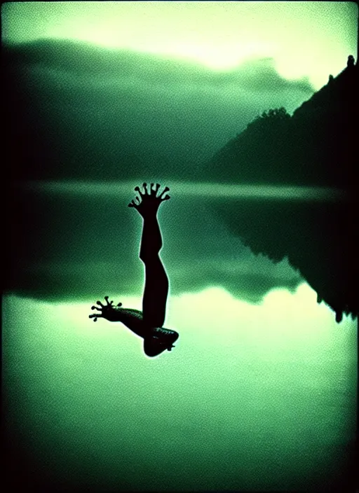 Image similar to “semitranslucent frog body vertically hovering over misty lake waters in crucifix pose, low angle, long cinematic shot by Andrei Tarkovsky, paranormal, eerie, mystical”