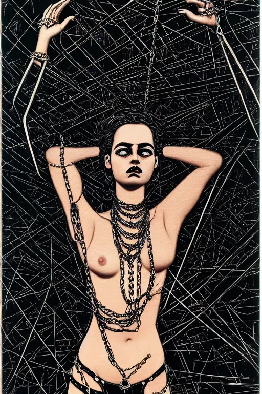 Prompt: dreamy rock girl with beautiful body, black leather and chains, detailed acrylic, heavy metal, intricate complexity, by dan mumford and by alberto giacometti, peter lindbergh, malevich, william stout