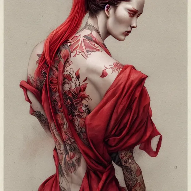 Image similar to ultra realistic illustration, beautiful woman dressed in red kimono, backview, tattoos, in the style of peter mohrbacher by weta digital and beth cavener, high face symmetry, intricate, masterpiece, award winning, high face symmetry, intricate