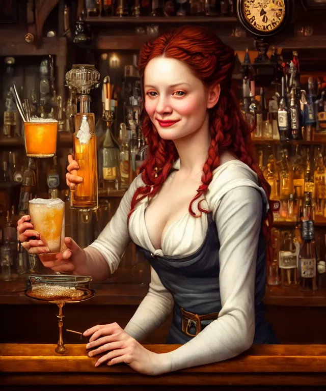 Prompt: hyperrealistic mixed media painting of a beautiful smiling charismatic barmaid, dimly lit cozy tavern, relaxed pose, serving customers at bar, medieval period, stunning 3d render inspired art by Gerald Brom and Anna Dittmann + perfect facial symmetry + dim volumetric lighting, 8k octane beautifully detailed render, post-processing, extremely hyperdetailed, intricate, epic composition, grim yet sparkling atmosphere, cinematic lighting + masterpiece, trending on artstation, very very detailed, masterpiece, stunning
