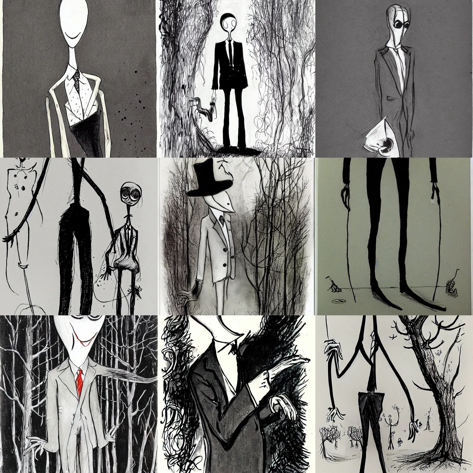 Prompt: slenderman by ronald searle