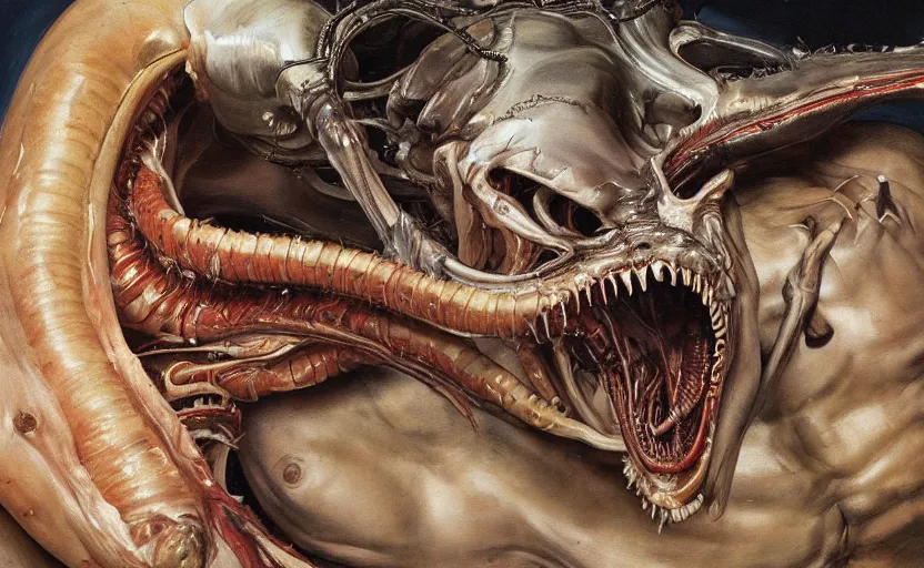 Image similar to high quality high detail painting by lucian freud and frank frazetta and jenny saville, hd, xenomorph predator, muted colors, cinematic