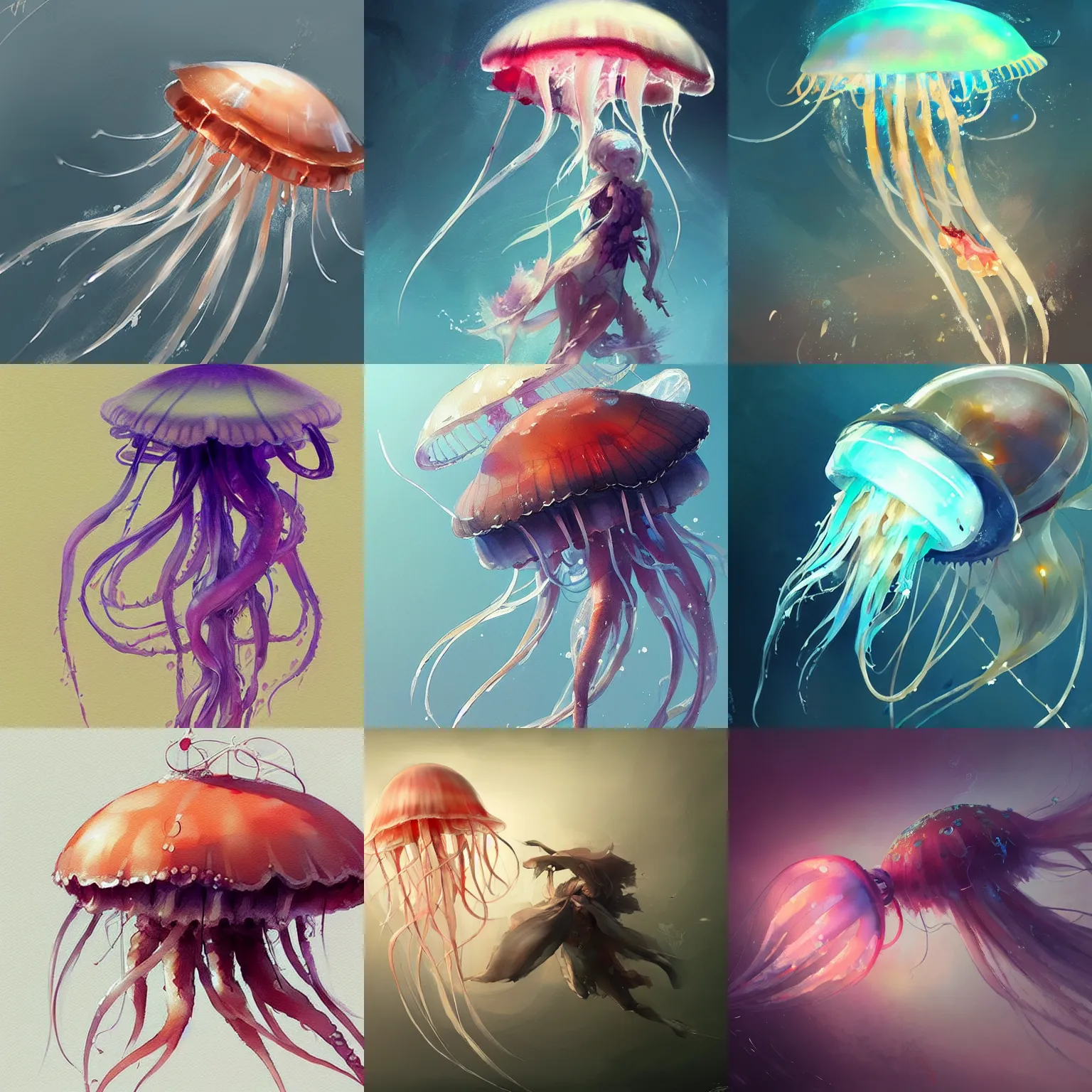 Prompt: concept art of a jellyfish, highly detailed painting by dustin nguyen, akihiko yoshida, greg tocchini, greg rutkowski, cliff chiang, 4 k resolution, trending on artstation, 8 k