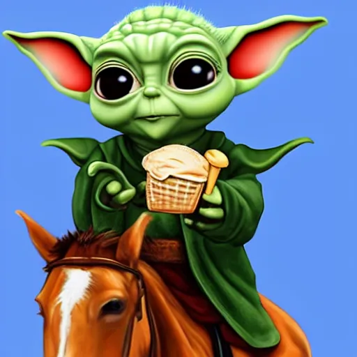 Image similar to baby yoda riding a horse and eating an ice cream