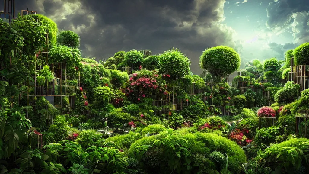 Prompt: babylon sky garden, rising series layered garden, shrubs and vines, dramatic lighting, epic composition, wide angle, wild breathing, jonas drow and beeple and studio ghibli style, in artstation hdr, wild breathing, c 4 d rendering