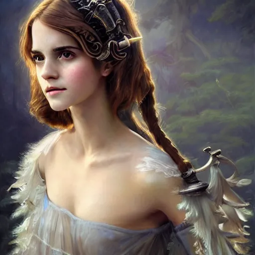 Prompt: A masterpiece ultrarealistic ultradetailed portrait of a Incredibly beautiful Emma Watson as angel princess with Royal Tevton Knight Skull Full Iron Closed Helmet with Big Iron Bull Horns . baroque renaissance girl in the night forest. medium shot, intricate, elegant, highly detailed. trending on artstation, digital art, by Stanley Artgerm Lau, WLOP, Rossdraws, James Jean, Andrei Riabovitchev, Marc Simonetti, Yoshitaka Amano. background by James Jean and Gustav Klimt, light by Julie Bell, 4k, porcelain skin.