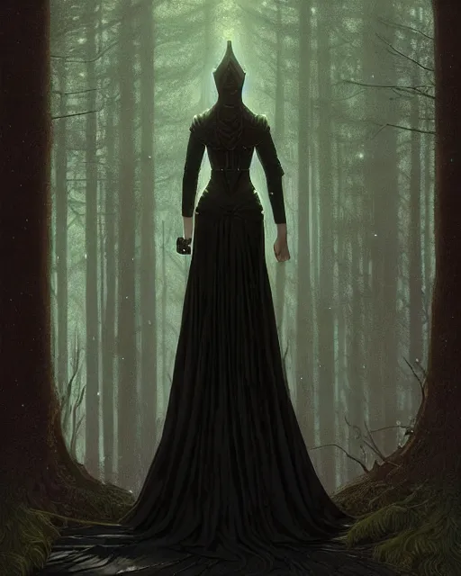 Image similar to nocturne, glowing, stars, a portrait of a female wood ranger, tall and thin, highly detailed, mysterious, ethereal, wearing elegant black leather armor, dark forest, illustration, painting, dramatic lighting, by edmund blair leighton, brom, charlie bowater, faces by otto schmidt