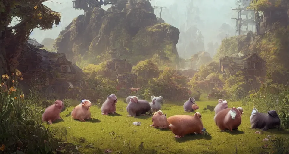 Prompt: hyper realistic cute guineapigs everywhere, by simon stalenhag, frank frazetta, greg rutkowski, beeple, yoko taro, christian macnevin, wlop and krenz cushart, epic fantasy character art, volumetric outdoor lighting, midday, high fantasy, cgsociety, cheerful colours, full length, exquisite detail, post - processing, masterpiece, cinematic