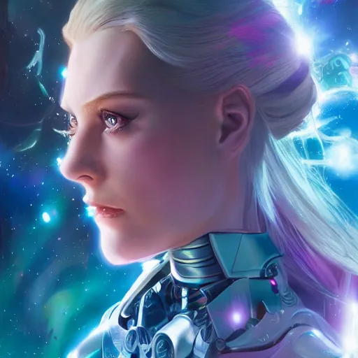 Prompt: high detailed close up of, energetic female cyborg Disney princess Aurora, wearing futuristic cybernetic battle armor, balance composition, dramatic lighting, 8k, painted by Alex Ross