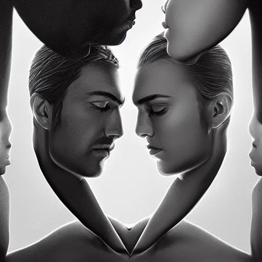 Image similar to perfectly centered symmetrical split male and female portrait of man and woman in love sharing one heart ; art by artgerm, photorealistic, highly detailed ; trending on artstation