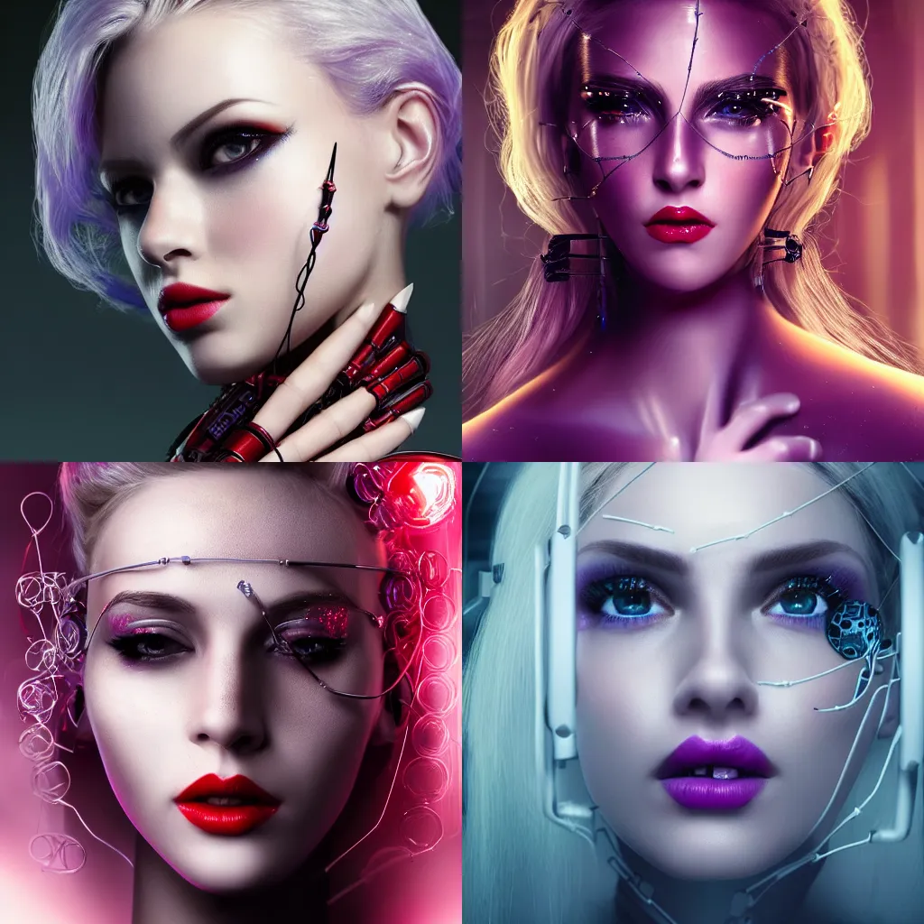 Prompt: highly detailed beautiful woman, right side of face is robotic with wires and tubes, pale skin and purple eyes, white blonde hair, red lips, staring into the camera, high fantasy art movie poster, ultra hd, cinematic lighting,