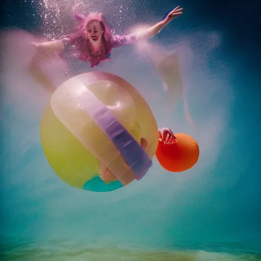 Prompt: film photography of women in a zorb ball floating in front of colourful underwater clouds by Kim Keever, low shutter speed, 35mm