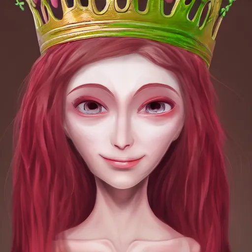 Prompt: cell shaded humanoid onion goddess, flower vine dress, crown, artstation, 4 k gorgeous, smiling, red hair regal, garlic scepter