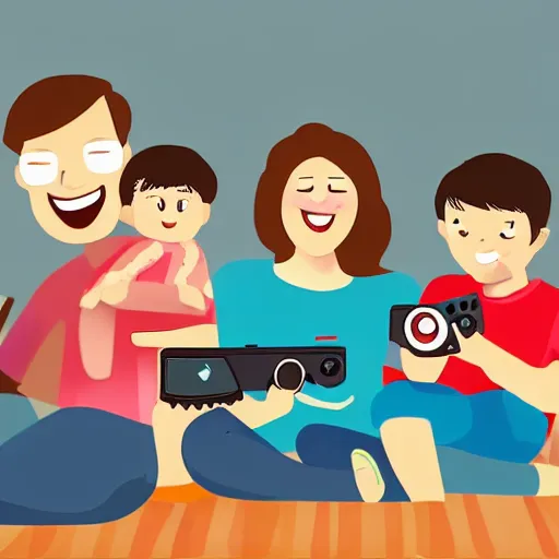 Prompt: illustration realism happy family playing happy video games