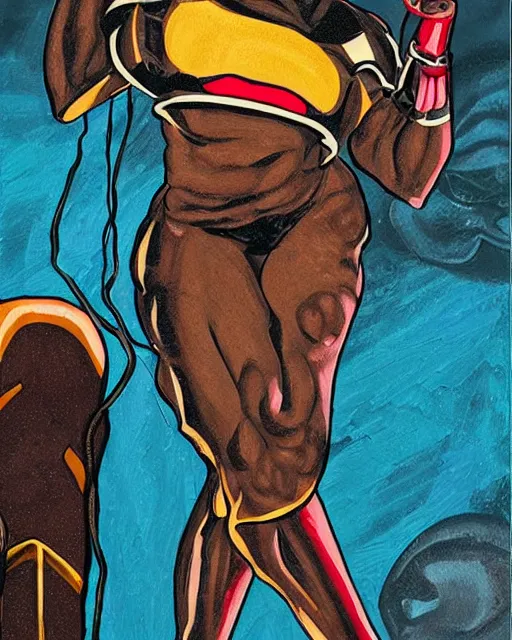 Prompt: an African cyclops (from x-men) playing an Akai MPC 2000XL, colourful painting by Toni Toscani, in the style of 'Woman in Brown Pants' (2018)