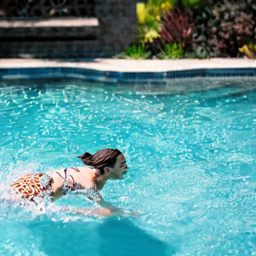 Prompt: photograph of aubrey plaza swimming in a pool, highly detailed, symmetrical, nikkor 8 5 mm f / 1. 8 g