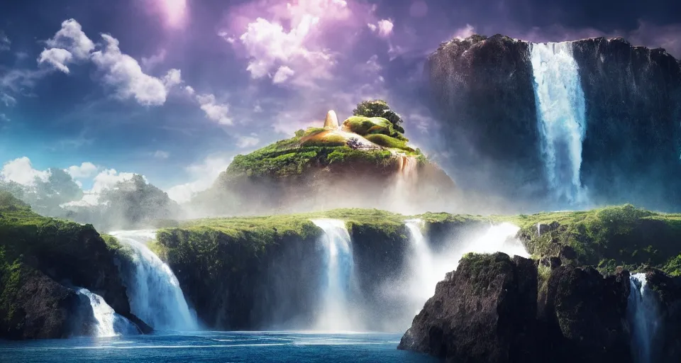 Prompt: An epic floating island in the sky above the sea, waterfall falling down, epic lighting, epic composition, cinematic, highly detailed, 4k