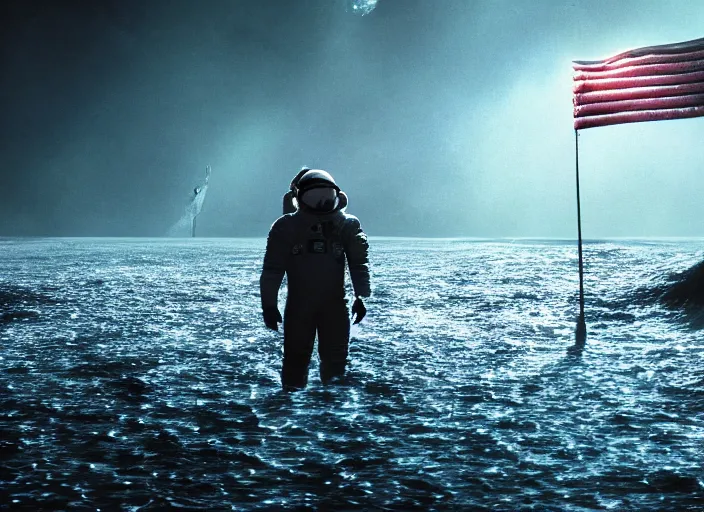 Image similar to astronaut holding a flag in an underwater desert. a submarine is visible in the distance. dark, concept art, cinematic, dramatic, atmospheric, 8 k, trending on artstation, blue, fish, low visibility, fog, ocean floor, christopher nolan, interstellar