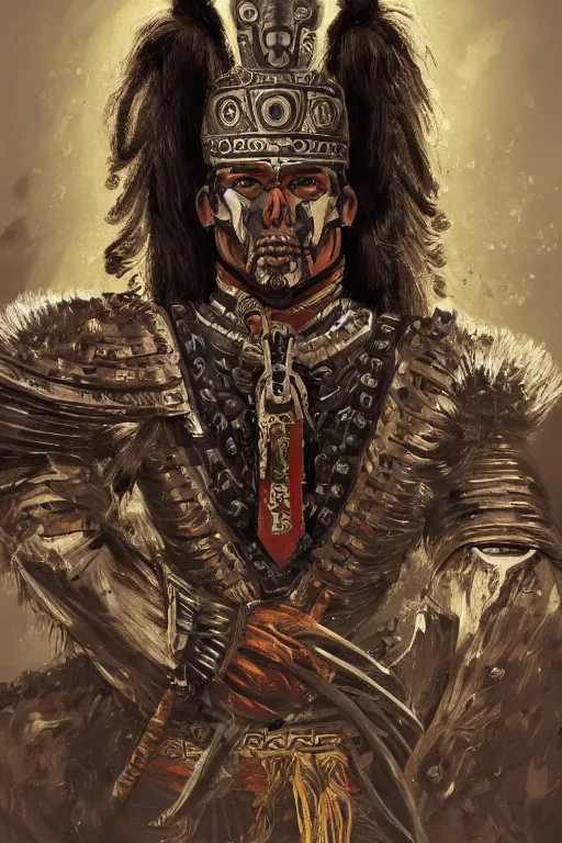 Image similar to a finely detailed painting of an aztec warrior, clothed in mexica military-style battle armor, long dark hair, beautiful bone structure, symmetrical facial features, intricate, elegant, digital painting, trending on Artstation, concept art, smooth, sharp focus, illustration, from Metal Gear by Kevin Keele and Nicolas Aviori,