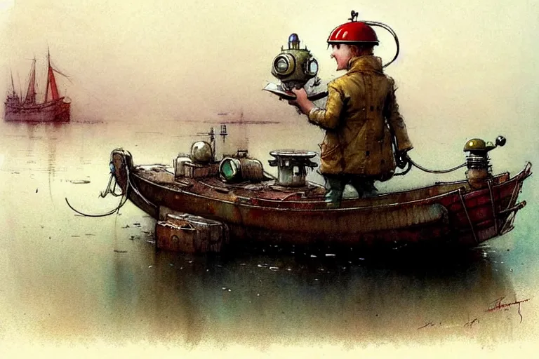 Image similar to adventurer ( ( ( ( ( 1 9 5 0 s retro future robot android mouse house boat tug boat calm stream. muted colors. ) ) ) ) ) by jean baptiste monge!!!!!!!!!!!!!!!!!!!!!!!!! chrome red