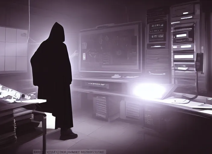 Image similar to over the shoulder shot of a dark robed illuminati cultist using a computer in a evil laboratory, cinematic lighting, volumetric, award winning, digital art