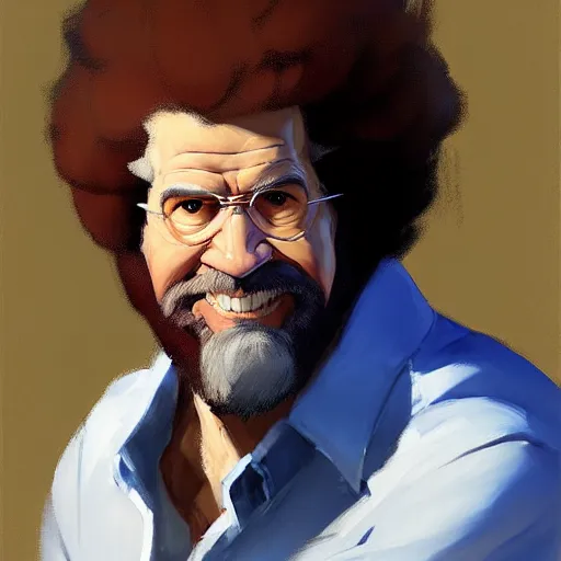 Prompt: Greg Manchess portrait painting of Bob Ross as Overwatch character, medium shot, asymmetrical, profile picture, Organic Painting, sunny day, Matte Painting, bold shapes, hard edges, street art, trending on artstation, by Huang Guangjian and Gil Elvgren and Sachin Teng