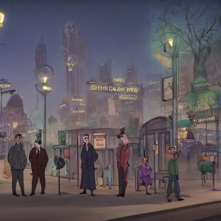 Image similar to few people waiting in a bus stop in dark city night, screenshot from Zootopia