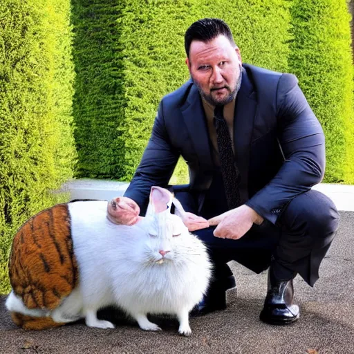 Prompt: keanue reeves posing with a rabbit wearing a john wick costume