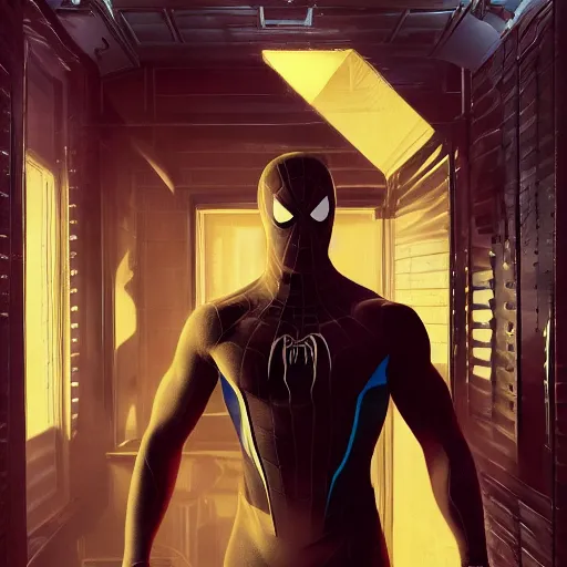 Image similar to ryan reynolds as a black and blue suit spider - man, cinematic, volumetric lighting, f 8 aperture, cinematic eastman 5 3 8 4 film, photorealistic by greg rutkowski, by stanley artgerm, by alphonse mucha